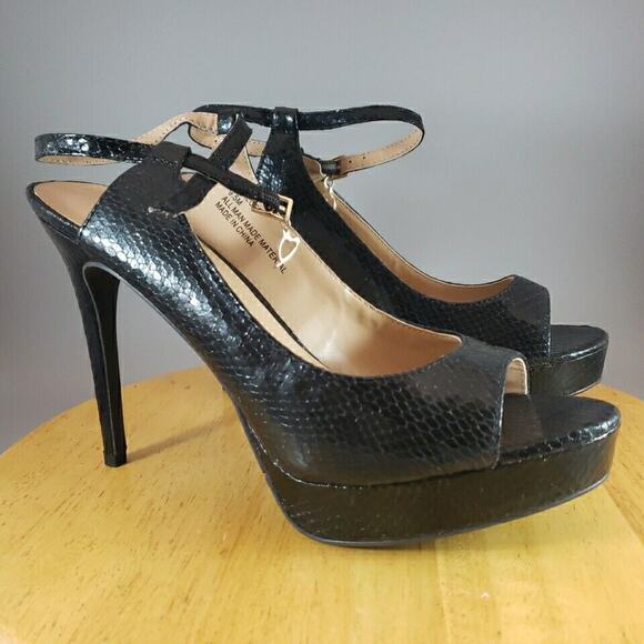 Thalia Sodi Chhloep Black Faux Leather Platform Heels Ankle Strap Buckle SZ 9.5M - Picture 1 of 8